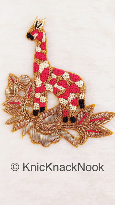 Hand Embroidered Giraffe Applique In Gold, Beige, Red And Black Zardozi Threadwork